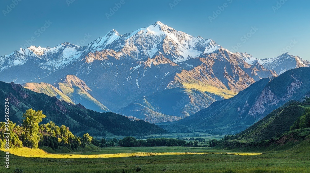 A breathtaking view of a remote, untouched mountain range with snow-capped peaks and rolling green valleys. The clear blue sky and the gentle light of the early morning sun highlight the raw beauty A breathtaking view of a remote, untouched mountain range with snow-capped peaks and rolling green valleys. The clear blue sky and the gentle light of the early morning sun highlight the raw beauty