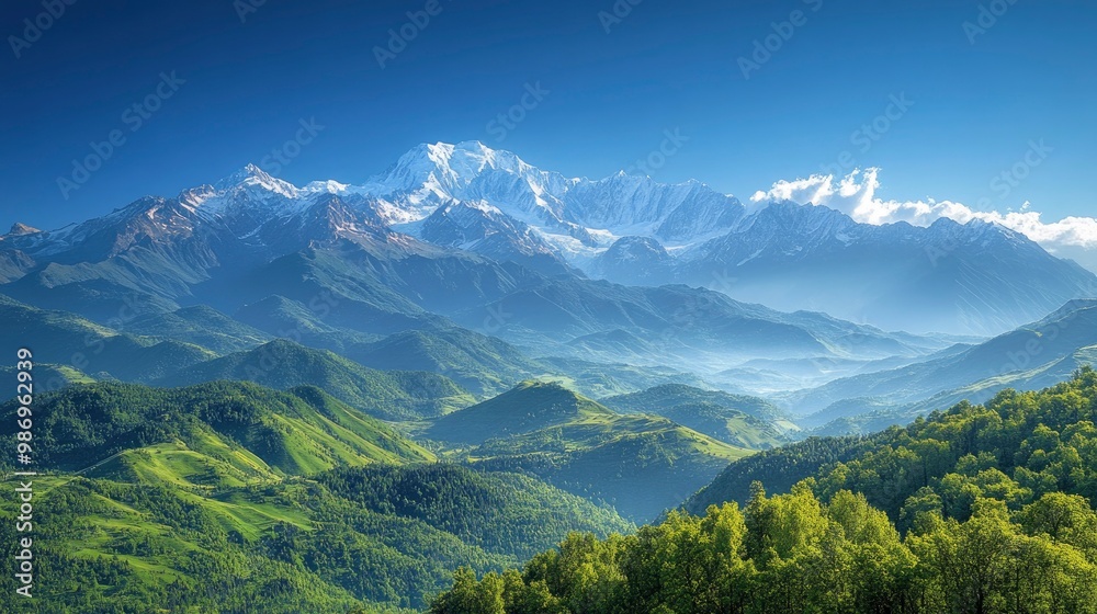A breathtaking view of a remote, untouched mountain range with snow-capped peaks and rolling green valleys. The clear blue sky and the gentle light of the early morning sun highlight the raw beauty A breathtaking view of a remote, untouched mountain range with snow-capped peaks and rolling green valleys. The clear blue sky and the gentle light of the early morning sun highlight the raw beauty