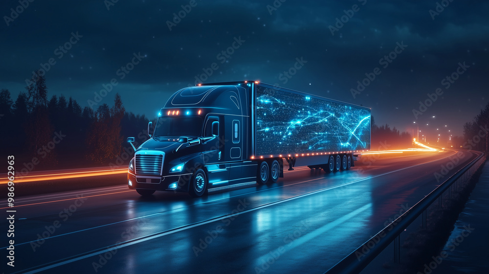 Futuristic Technology Concept: Autonomous Semi Truck with Cargo Trailer Drives at Night on the Road with Sensors Scanning Surrounding
Futuristic Technology Concept: Autonomous Semi Truck with Cargo Trailer Drives at Night on the Road with Sensors Scanning Surrounding