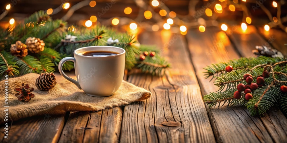 A cozy coffee mug sitting on a rustic wooden holiday table A cozy coffee mug sitting on a rustic wooden holiday table
