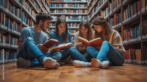 
High school or college students studying and reading together in library education