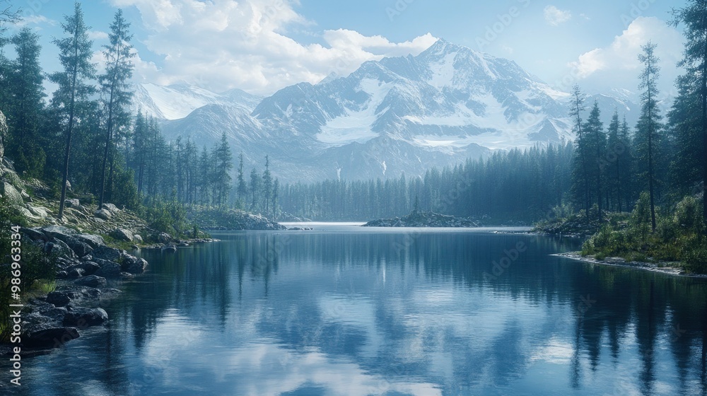 A stunning view of a remote, untouched glacier lake surrounded by rugged mountain terrain and dense forest. The cool blue hues of the ice and the serene reflection in the still waters highlight the A stunning view of a remote, untouched glacier lake surrounded by rugged mountain terrain and dense forest. The cool blue hues of the ice and the serene reflection in the still waters highlight the