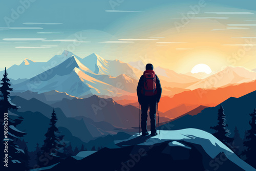 Hiker overlooking mountain sunrise