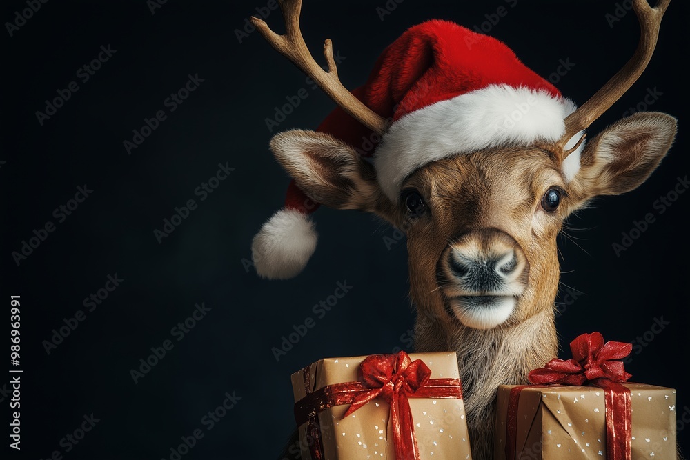 Deer is holding two red boxes and a santa hat. The deer is wearing a red hat and is standing in front of a black background. red nosed reindeer with santa hat and presents, isolated on dark background Deer is holding two red boxes and a santa hat. The deer is wearing a red hat and is standing in front of a black background. red nosed reindeer with santa hat and presents, isolated on dark background