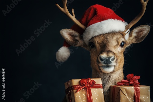 Deer is holding two red boxes and a santa hat. The deer is wearing a red hat and is standing in front of a black background. red nosed reindeer with santa hat and presents, isolated on dark background