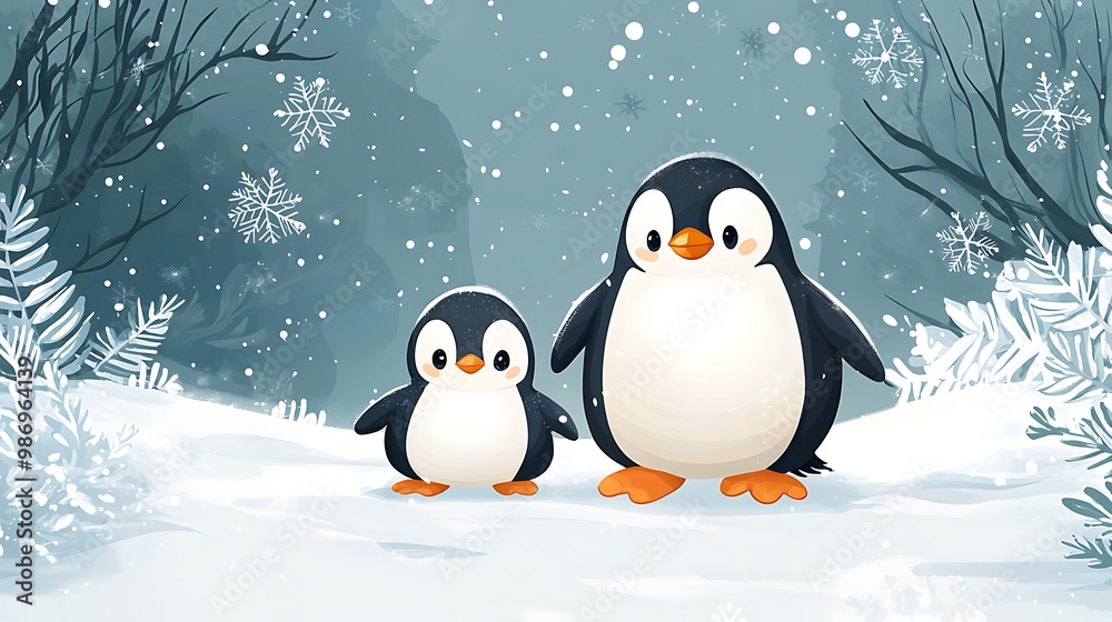 A penguin family huddles together in a snowy winter wonderland, filled with warmth and love. A penguin family huddles together in a snowy winter wonderland, filled with warmth and love.
