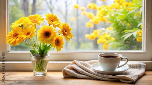 Wallpaper Mural Cozy home space with a cup of hot coffee and a bouquet of yellow gerberas on a windowsill Torontodigital.ca