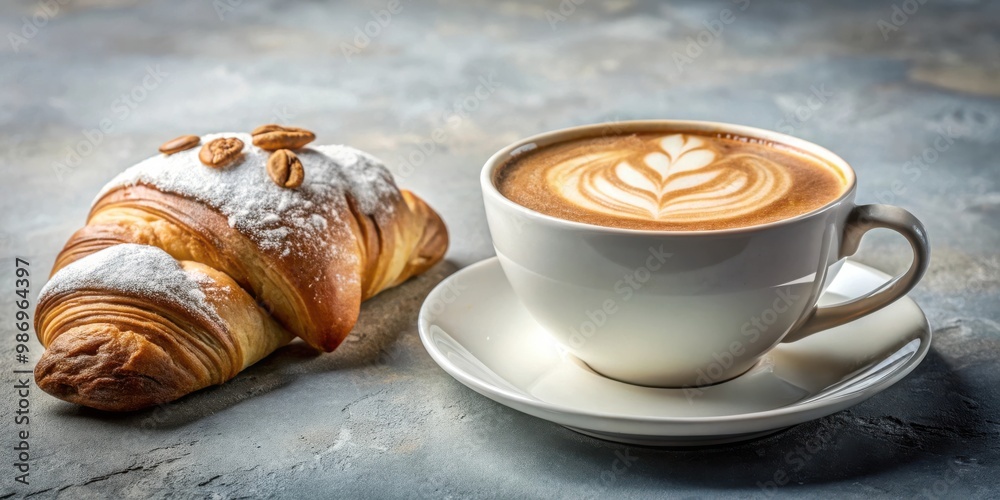 A delicious breakfast combination of cappuccino and almond croissant A delicious breakfast combination of cappuccino and almond croissant