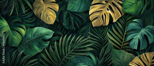 Lush green foliage with golden leaves, creating a vibrant tropical backdrop.