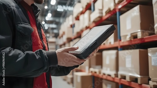 Warehouse Interior with Piled Boxes and Shelved Storage for Logistics and Distribution