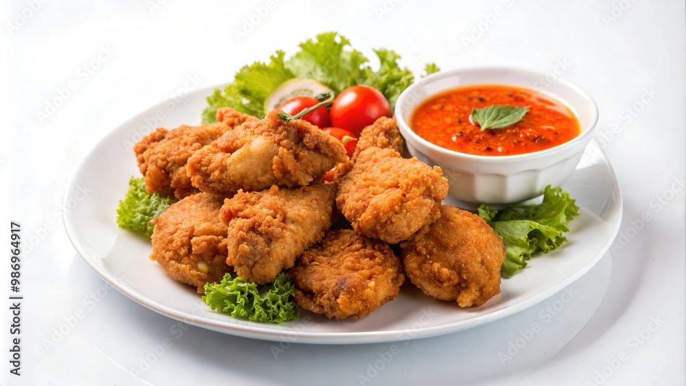 Crunchy fried chicken in the white plate with chilli sauce. Traditional indonesian fried chicken Crunchy fried chicken in the white plate with chilli sauce. Traditional indonesian fried chicken
