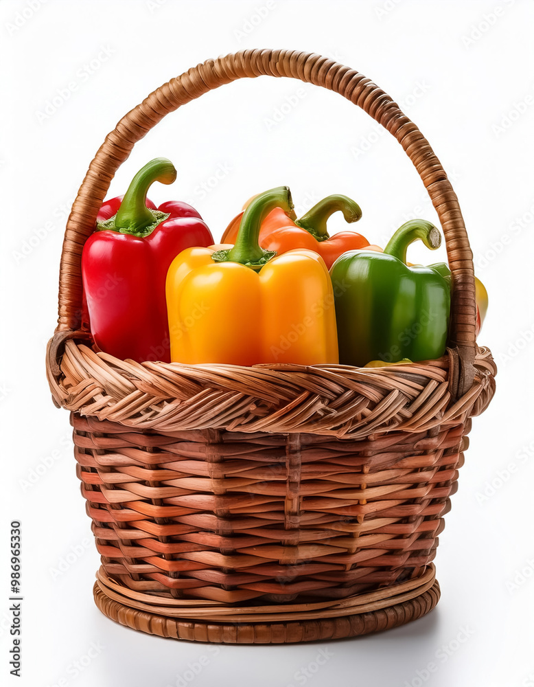 Sweet pepper in wooden basket isolated on white background Sweet pepper in wooden basket isolated on white background