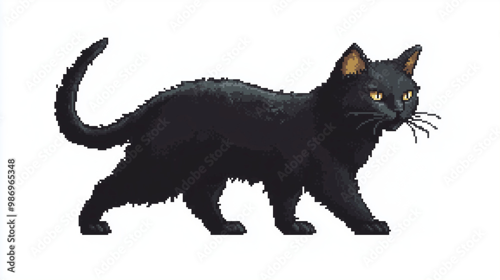 Pixel black cat with arched back, pixel art, sticker Pixel black cat with arched back, pixel art, sticker