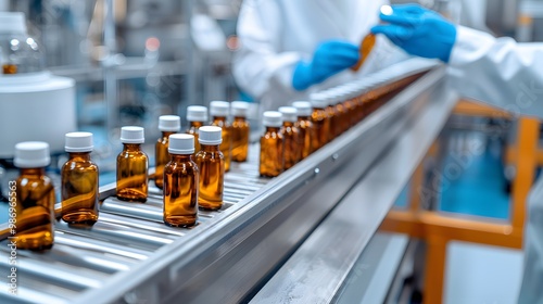 Pharmacist examining vials on a conveyor belt in a pharmaceutical factory, showcasing the careful and precise nature of drug manufacturing.