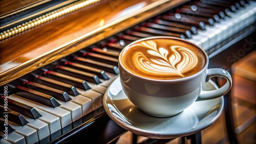 Artistic latte coffee on top of a grand piano, creating a creative and elegant scene