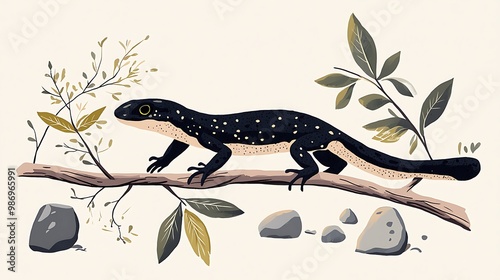 A black lizard rests on a branch, leaves and rocks adding texture to the scene.