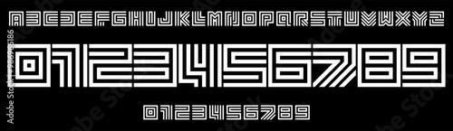 Geometric maze font, bold structured lines, intricate square patterns for futuristic branding, tech designs, sports branding, jersey numbers, team merchandise. Vector typeset