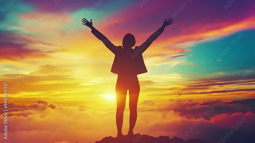 Silhouette of businesswoman with raised hands over sunset sky background. Success and victory concept. Joyful female celebrate achievement. Beautiful nature sunrise. Freedom dream goal lifestyle. Silhouette of businesswoman with raised hands over sunset sky background. Success and victory concept. Joyful female celebrate achievement. Beautiful nature sunrise. Freedom dream goal lifestyle.