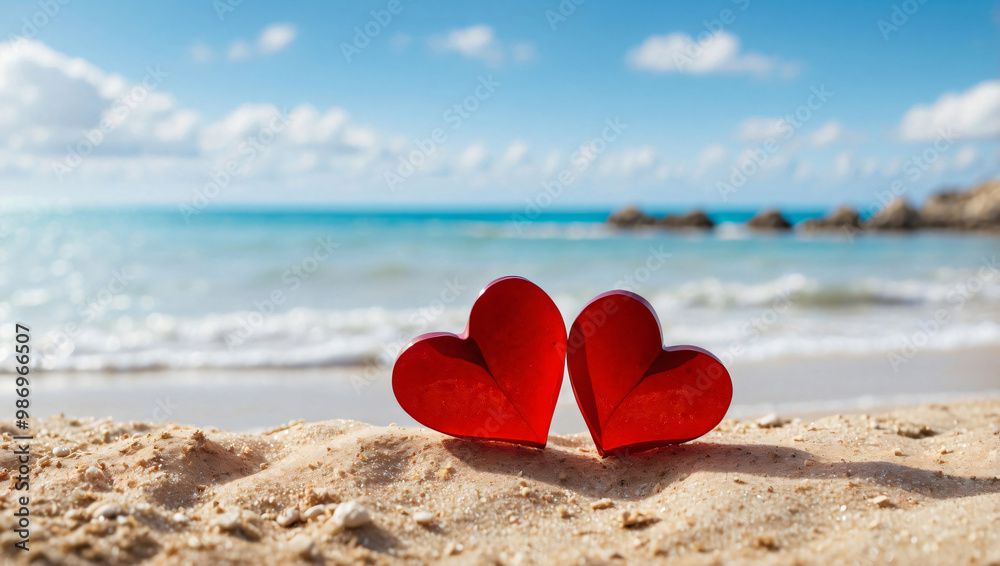 Valentine and Marry Concept. Two red hearts couple lovers for married wedding in summer day on sand paradise tropical beach Valentine and Marry Concept. Two red hearts couple lovers for married wedding in summer day on sand paradise tropical beach
