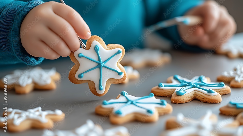A child carefully decorates Christmas cookies with blue icing, filling the air with festive joy. A child carefully decorates Christmas cookies with blue icing, filling the air with festive joy.