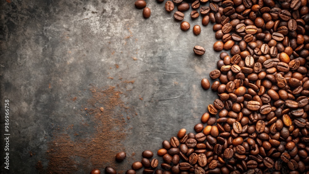 Coffee beans arranged neatly on a textured rustic metal grey background Coffee beans arranged neatly on a textured rustic metal grey background