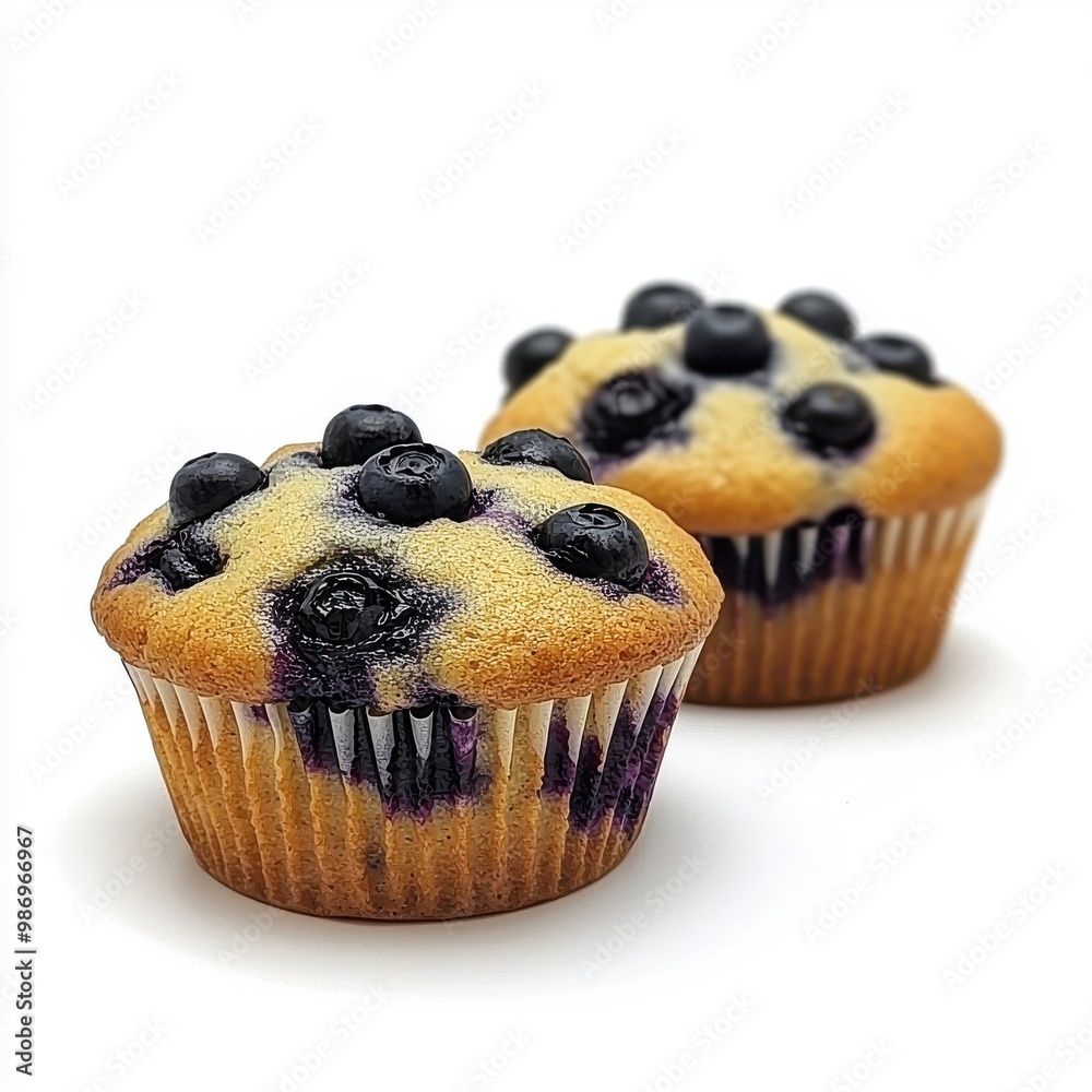 Blueberry muffins isolated on white background, showcasing their fluffy texture and vibrant berries. Blueberry muffins isolated on white background, showcasing their fluffy texture and vibrant berries.