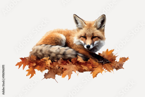 Fox resting on autumn leaves