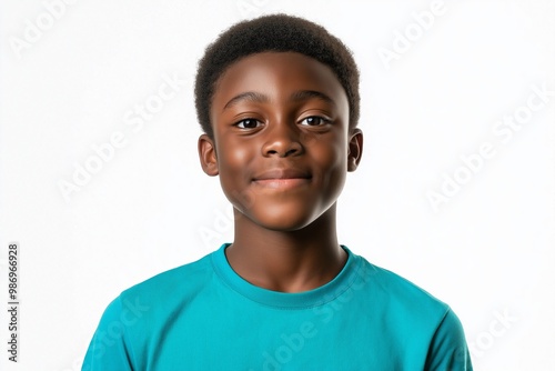 Young boy with a blue shirt and short hair. He is smiling. black male, looking up into camera, smiling