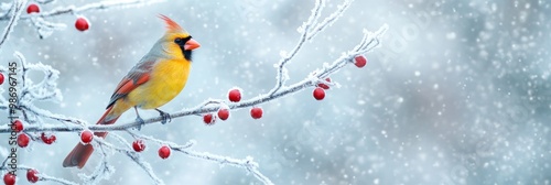 Yellow Cardinal on Frosty Branch with Snow-Covered Red Berries: Holiday and Christmas Web Banner