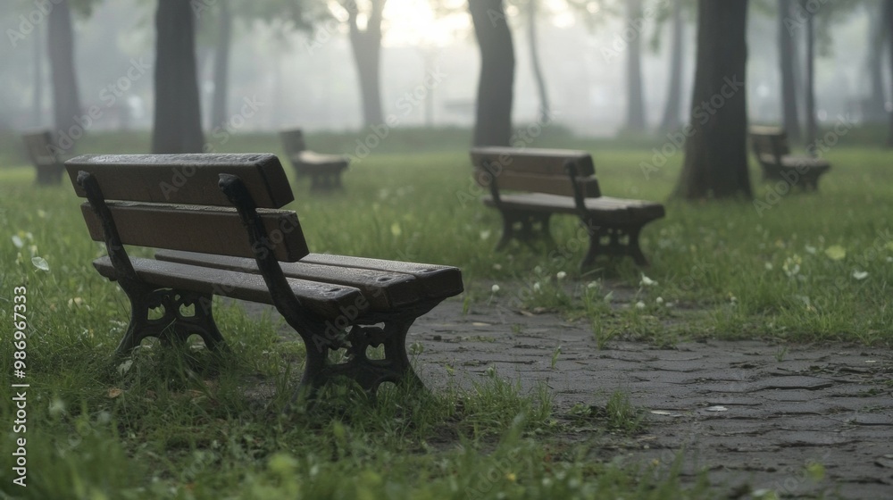 Tranquil Morning Park Scene with Empty Benches, Inviting Community Interaction