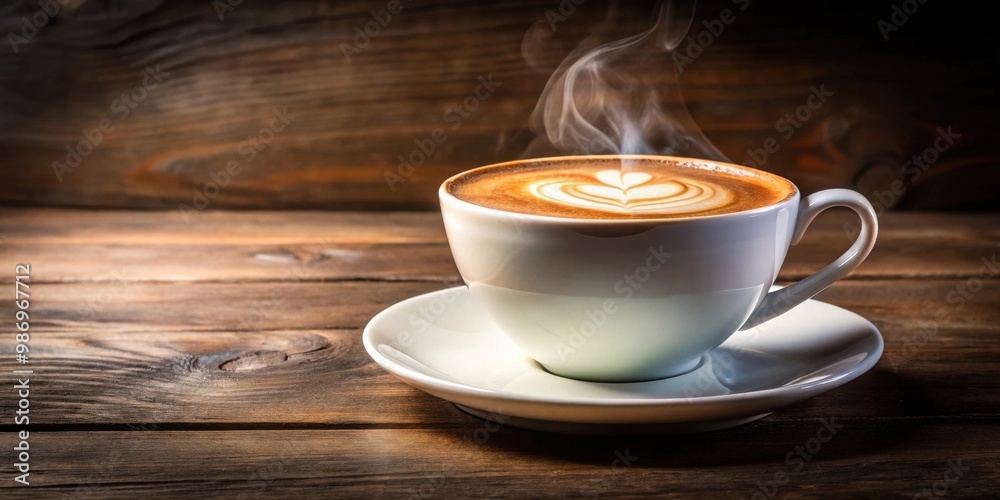 Obraz premium Steaming hot latte coffee in a white cup with a saucer, perfect for a morning break