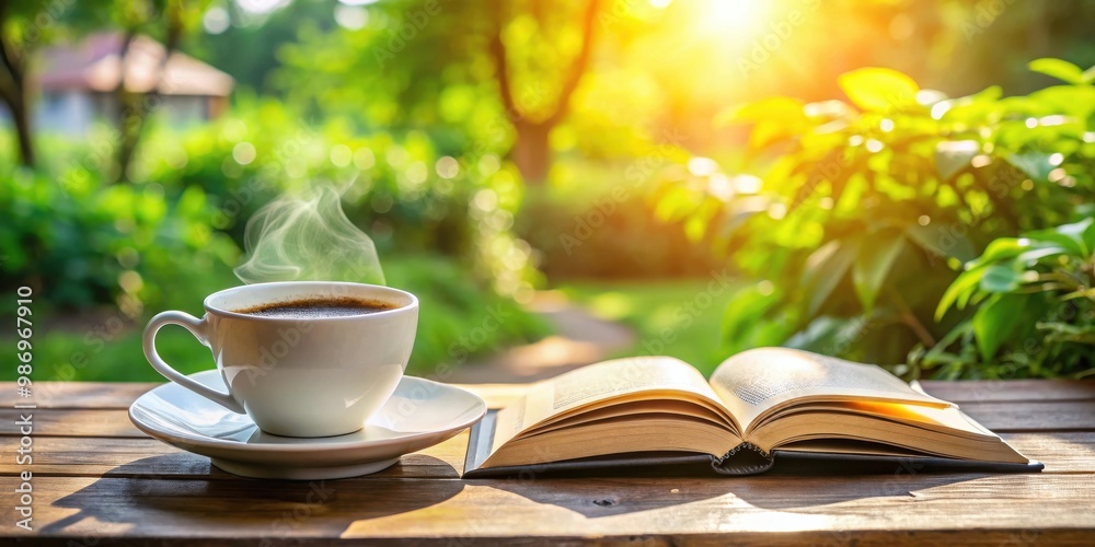 A cup of americano coffee with an open book in a sunny garden setting A cup of americano coffee with an open book in a sunny garden setting