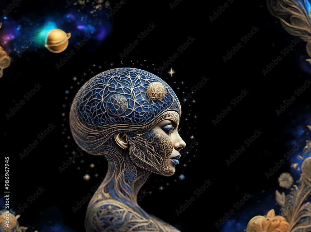 A profile of a woman, her face and body made of a complex web of gold and blue lines, set against a dark, starry background. A profile of a woman, her face and body made of a complex web of gold and blue lines, set against a dark, starry background.