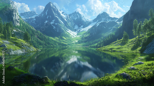 Majestic mountain landscape with a tranquil lake reflecting the peaks.