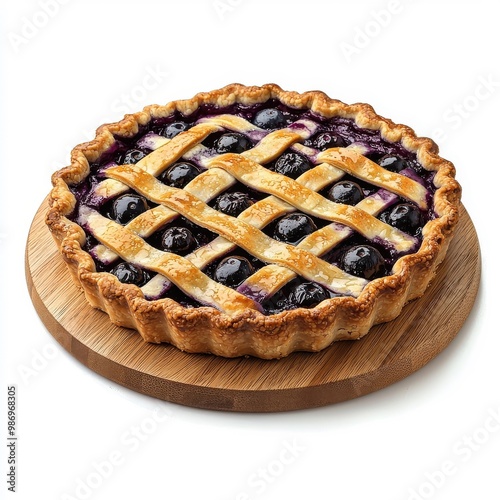 Blueberry pie on a wooden tray isolated on a white background, giving a rustic and homely feel.