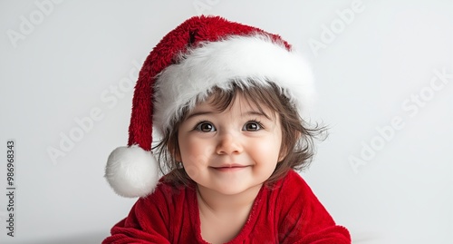 Young girl wearing a red and white hat and a white shirt. She is looking at the camera. just a simple boy face wearing a christmas hat against a white background