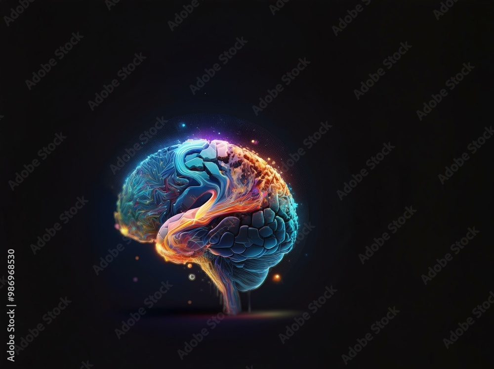 A glowing, multicolored brain with swirling lines and particles against a dark background. A glowing, multicolored brain with swirling lines and particles against a dark background.