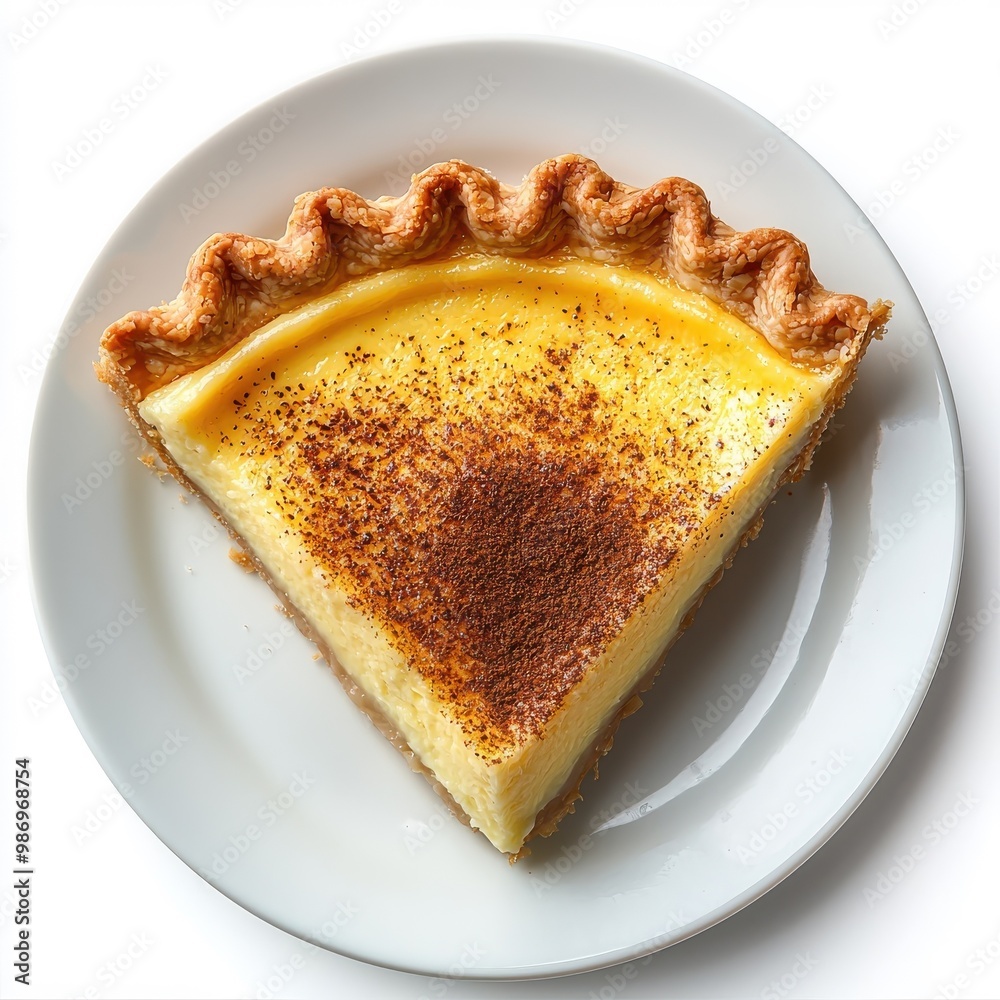 Custard pie served on a white plate, isolated to highlight its classic presentation and delicious details. Custard pie served on a white plate, isolated to highlight its classic presentation and delicious details.