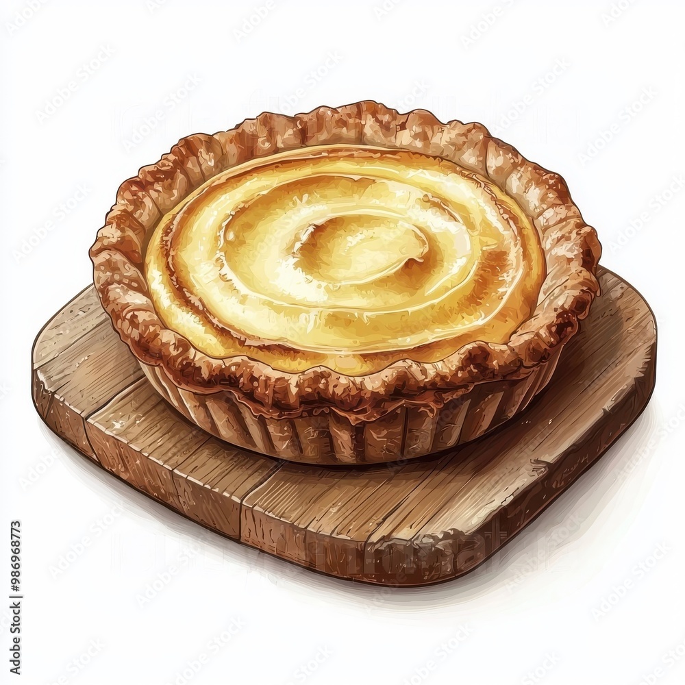 Custard pie on a wooden tray isolated on a white background, offering a rustic and homely feel. Custard pie on a wooden tray isolated on a white background, offering a rustic and homely feel.