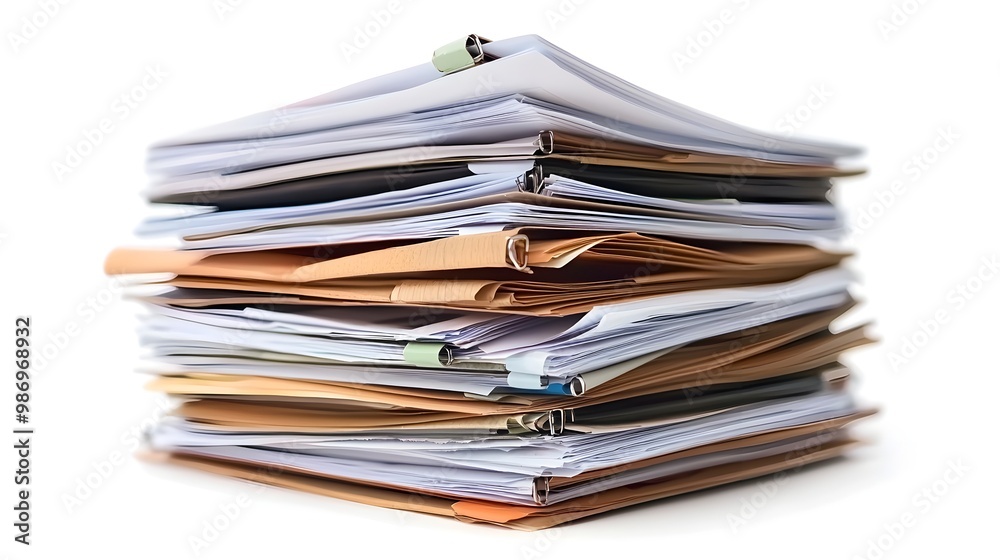 Organized Stack of Financial Reports with Key Metrics Highlighted,Isolated on White Background Organized Stack of Financial Reports with Key Metrics Highlighted,Isolated on White Background