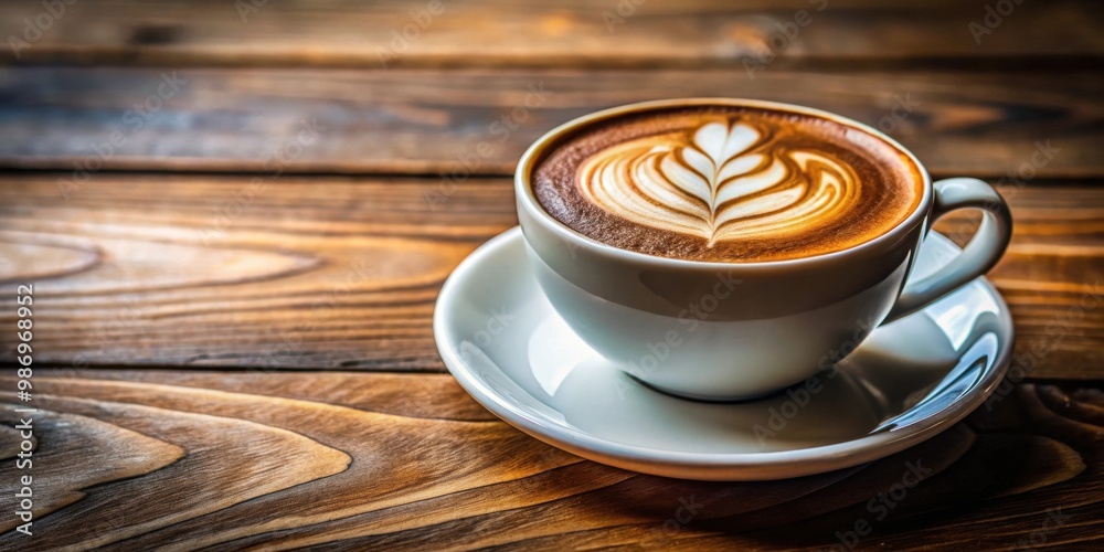 A freshly brewed hot cappuccino with intricate latte art sits on a wooden table A freshly brewed hot cappuccino with intricate latte art sits on a wooden table
