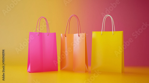 Shopping bags on a yellow-pink background, Shopping, Sale, discounts, Black Friday, Shopping spree, Flash sales, Discounted items, In-store promotion