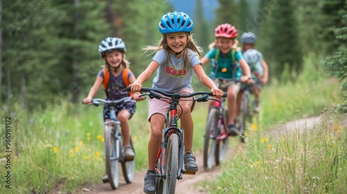 An outdoor adventure party with children biking along scenic trails, wearing colorful helmets, exploring nature and sharing laughs, creating unforgettable moments in a picturesque setting