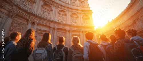 Group of students gathered around a famous historical monument, listening attentively to a guide, the site is grandeur in full display with golden light illuminating the structure
