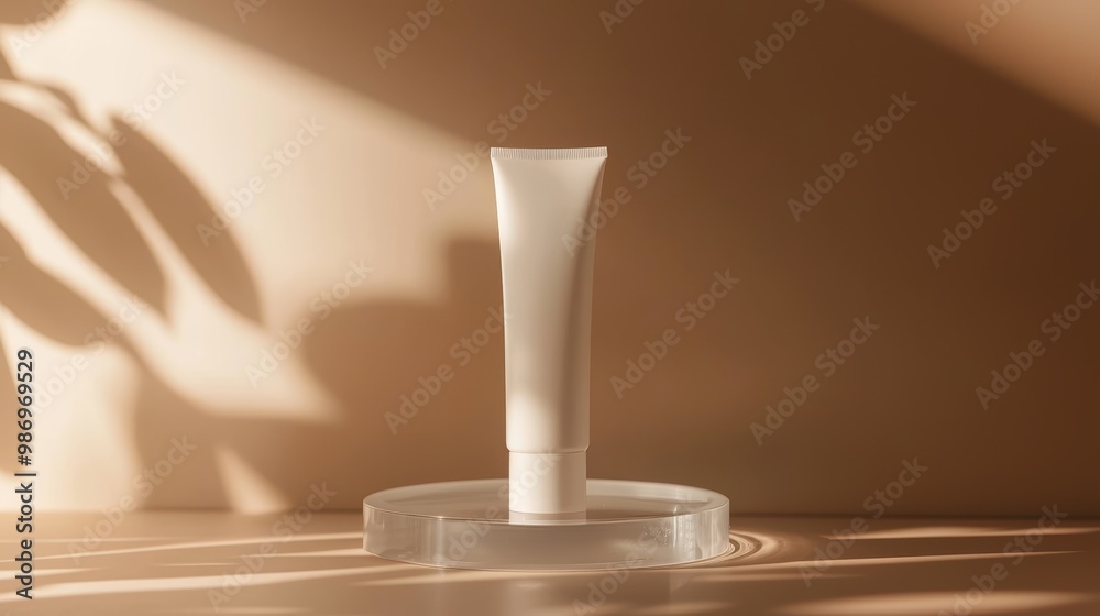 A white cream tube stands on a transparent glass disc against a soft brown background, showcasing minimalist elegance with natural lighting and soft shadows. A white cream tube stands on a transparent glass disc against a soft brown background, showcasing minimalist elegance with natural lighting and soft shadows.