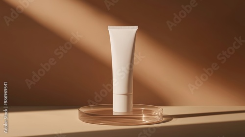 A white cream tube stands on a transparent glass disc against a soft brown background, showcasing minimalist elegance with natural lighting and soft shadows.