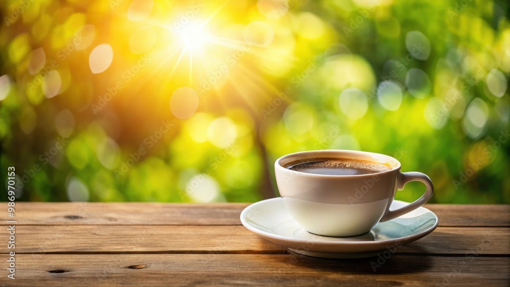 Cup of fresh coffee on wooden table with bright background Cup of fresh coffee on wooden table with bright background