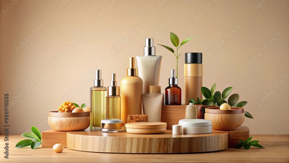 Wooden podium with various cosmetic products, perfumes, and food items displayed against a beige background perfect for showcasing products in a classy manner Wooden podium with various cosmetic products, perfumes, and food items displayed against a beige background perfect for showcasing products in a classy manner