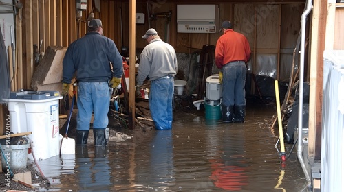 Repair of a flooded basement from snowmelt or a pipe burst, showing workers cleaning up water damage, using pumps and dehumidifiers.