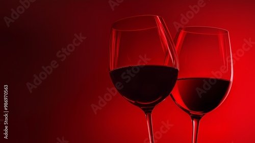 Two wine glasses are filled with red wine. The wine is almost gone. Pure black background, studio lighting, red ambient lighting, two red wine glasses clinking close-up shots